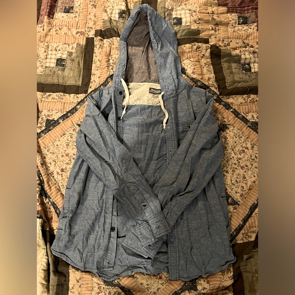 Modern Amusement denim shirt jacket with hood